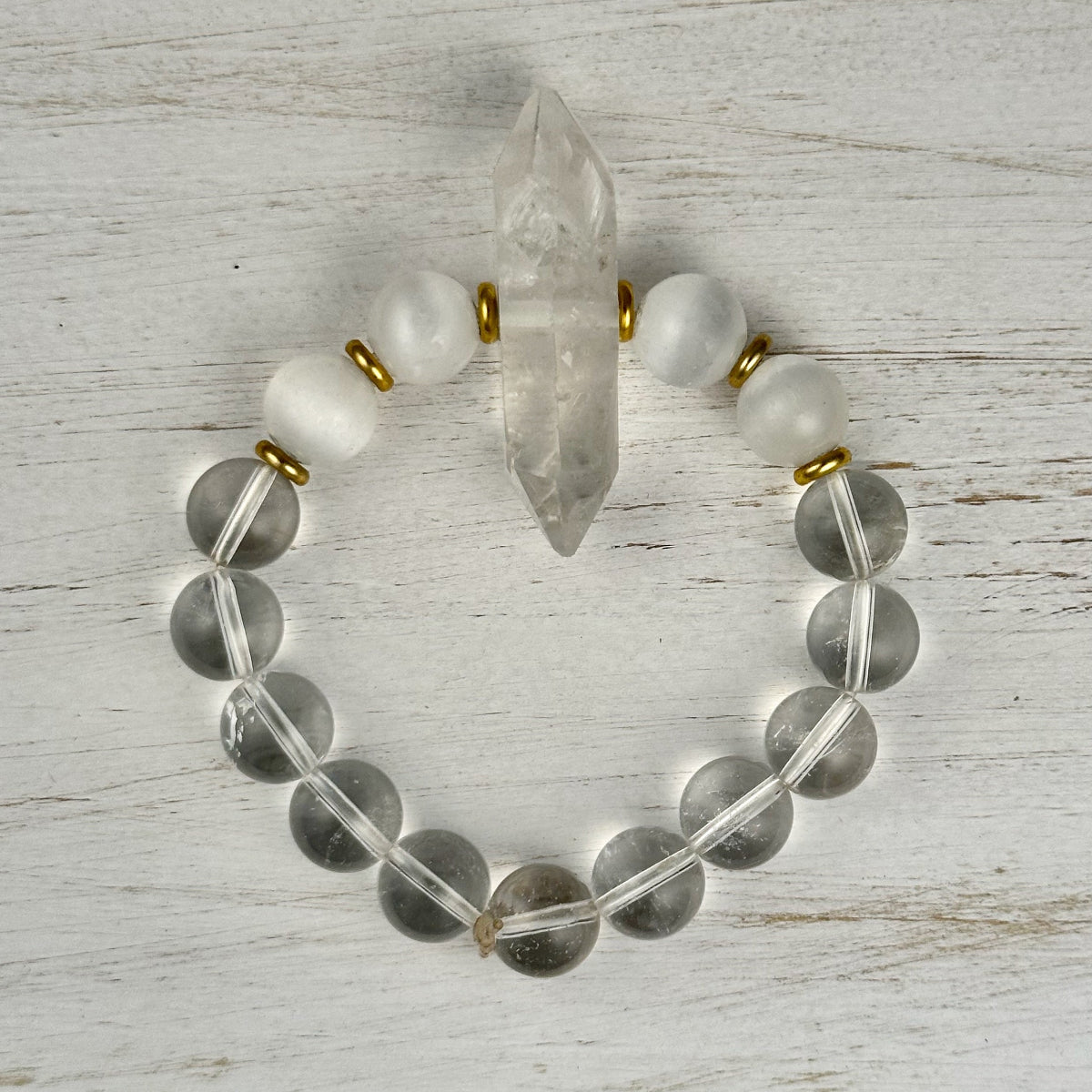 Clear Quartz & Selenite Double Pointed Crystal Bracelet