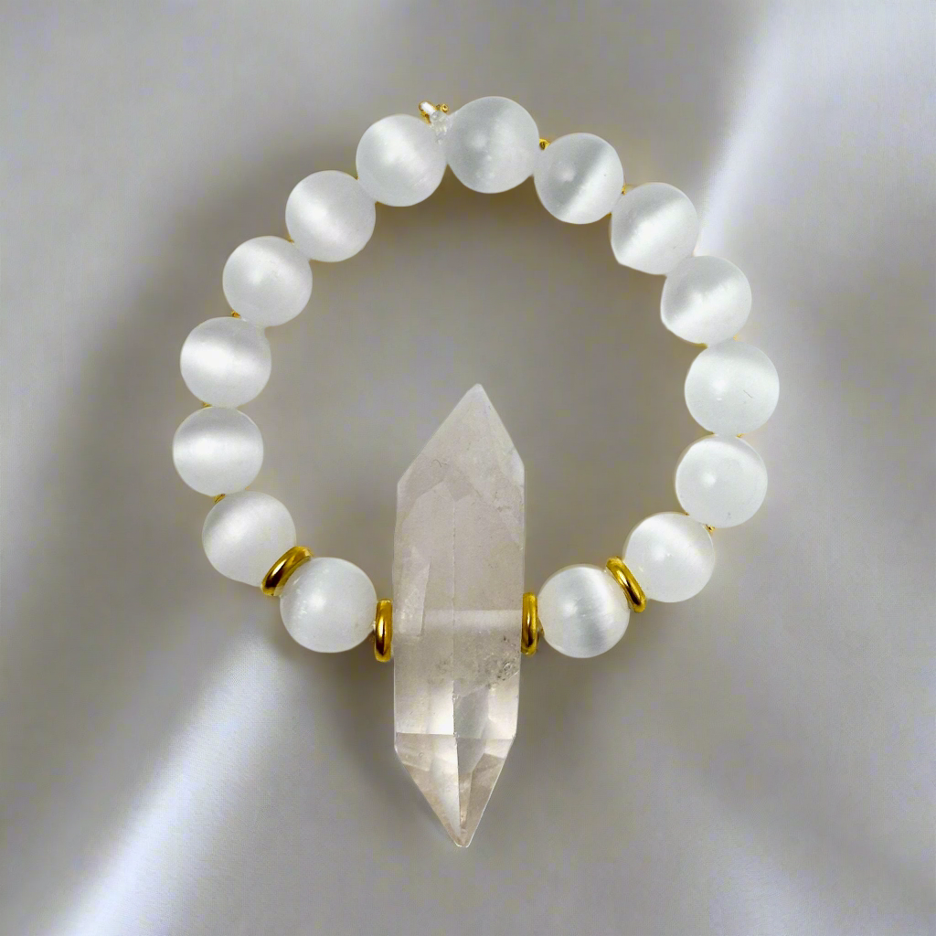 Clear Quartz & Selenite Double Pointed Crystal Bracelet