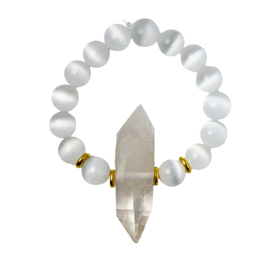 Clear Quartz & Selenite Double Pointed Crystal Bracelet