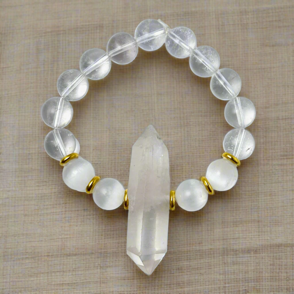 Clear Quartz & Selenite Double Pointed Crystal Bracelet