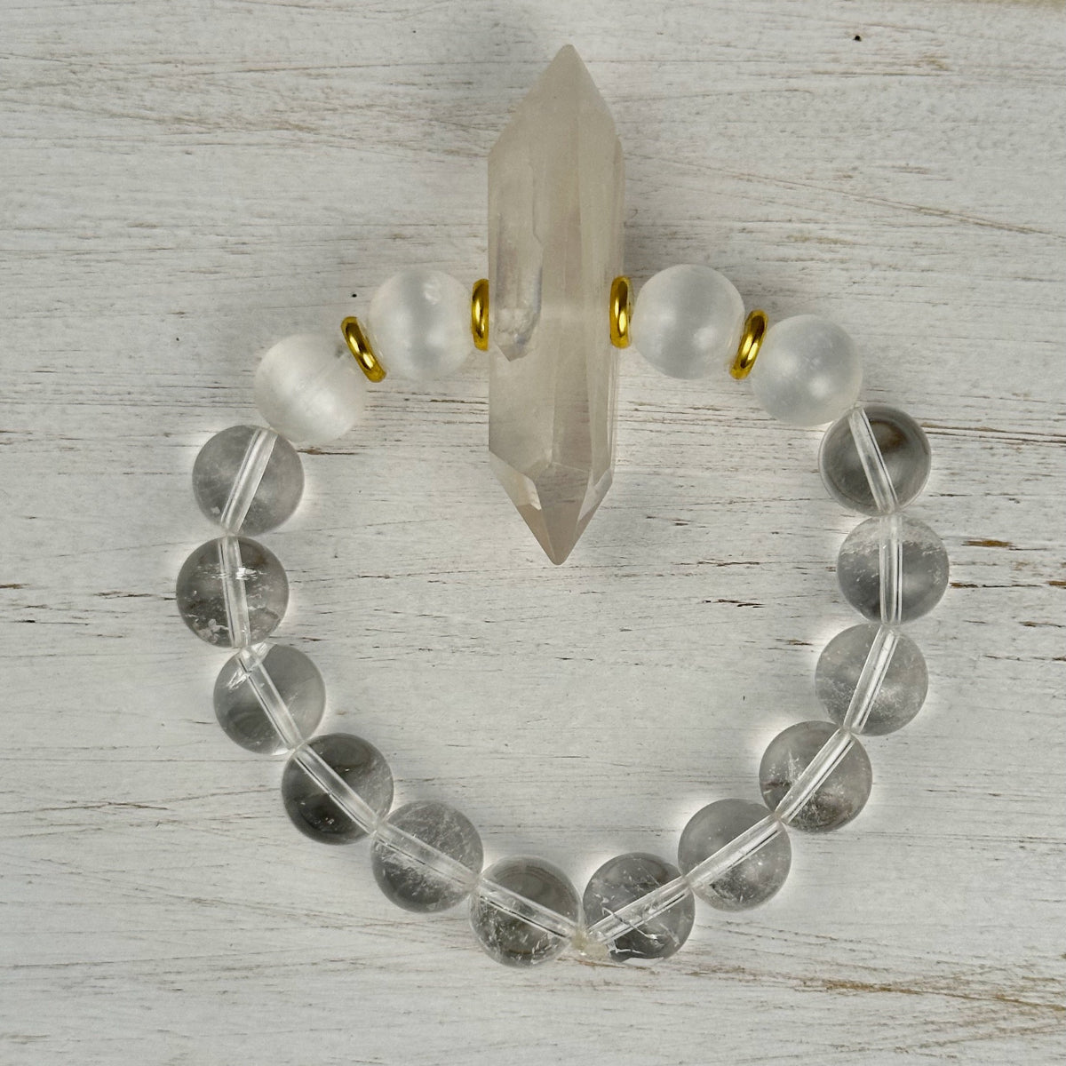 Clear Quartz & Selenite Double Pointed Crystal Bracelet